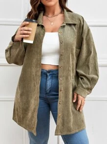 Calvaya 大碼落肩袖前排扣口袋貼布襯衫 - 軍綠色 - 查看 1