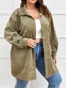 Calvaya 大碼落肩袖前排扣口袋貼布襯衫 - 軍綠色 - 查看 4