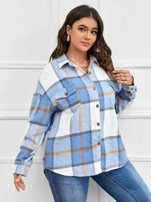 Flirla 格子印花前口袋落肩衬衫 - 彩色 - 查看 4