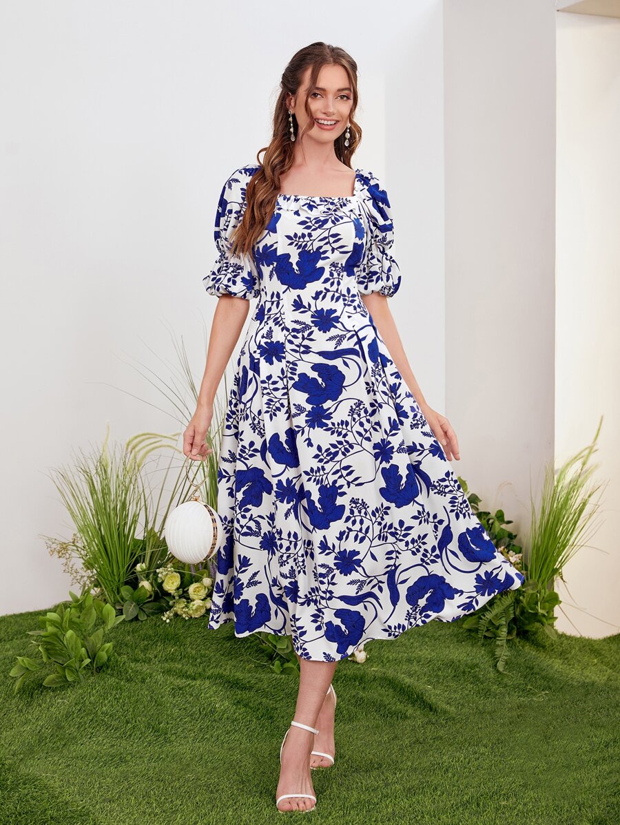 SHEIN VCAY Đầm Dây kéo Hoa Thanh lịch - Xanh và trắng - Xem 1