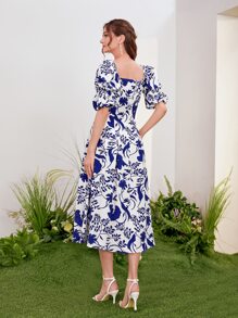 SHEIN VCAY Đầm Dây kéo Hoa Thanh lịch - Xanh và trắng - Xem 2