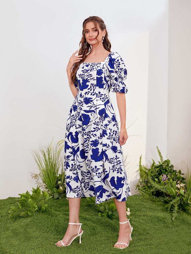 SHEIN VCAY 印花泡泡袖連衣裙 - 藍白色 - 查看 5