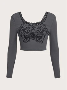 ROMWE Fairycore 骷髅頭圖案蕾絲拼接T恤 - 灰色 - 查看 1