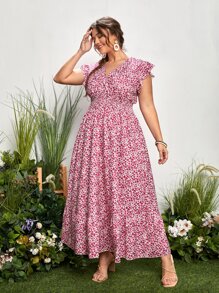 SHEIN LUNE Đầm Plus Size Xù Dải chun Họa tiết hoa Boho - Hồng - Xem 1