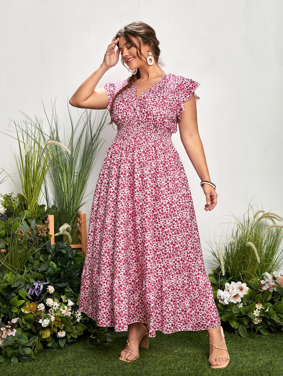 SHEIN LUNE Đầm Plus Size Xù Dải chun Họa tiết hoa Boho - Hồng - Xem 1