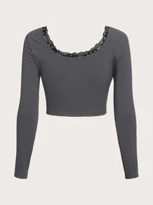 ROMWE Fairycore 骷髅頭圖案蕾絲拼接T恤 - 灰色 - 查看 2