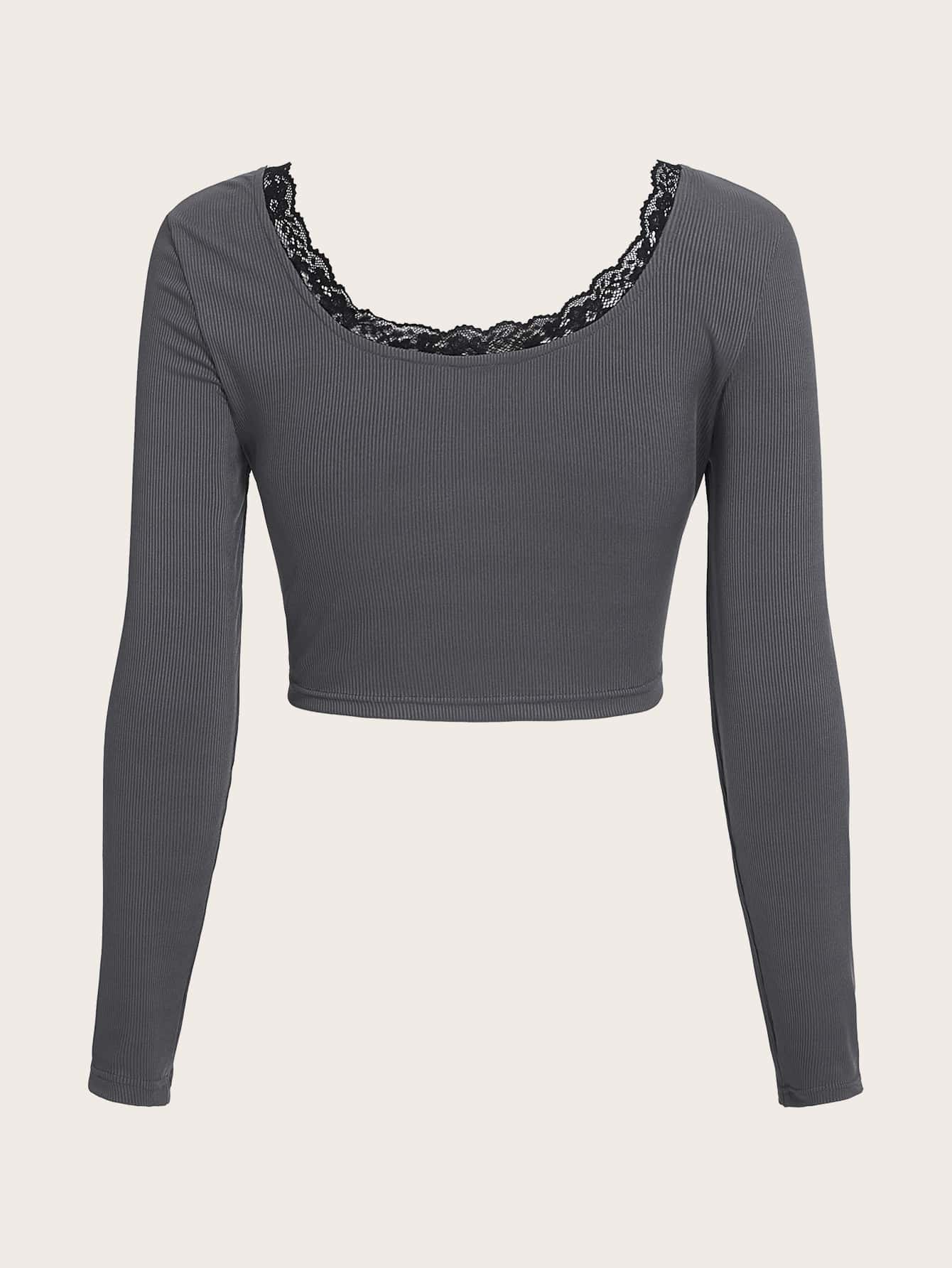 ROMWE Fairycore 骷髅頭圖案蕾絲拼接T恤 - 灰色 - 查看 2