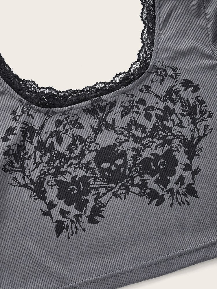 ROMWE Fairycore 骷髅頭圖案蕾絲拼接T恤 - 灰色 - 查看 4