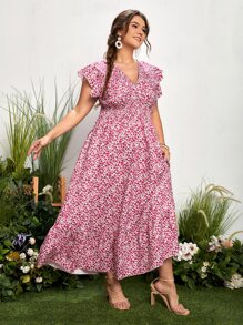 SHEIN LUNE Đầm Plus Size Xù Dải chun Họa tiết hoa Boho - Hồng - Xem 3