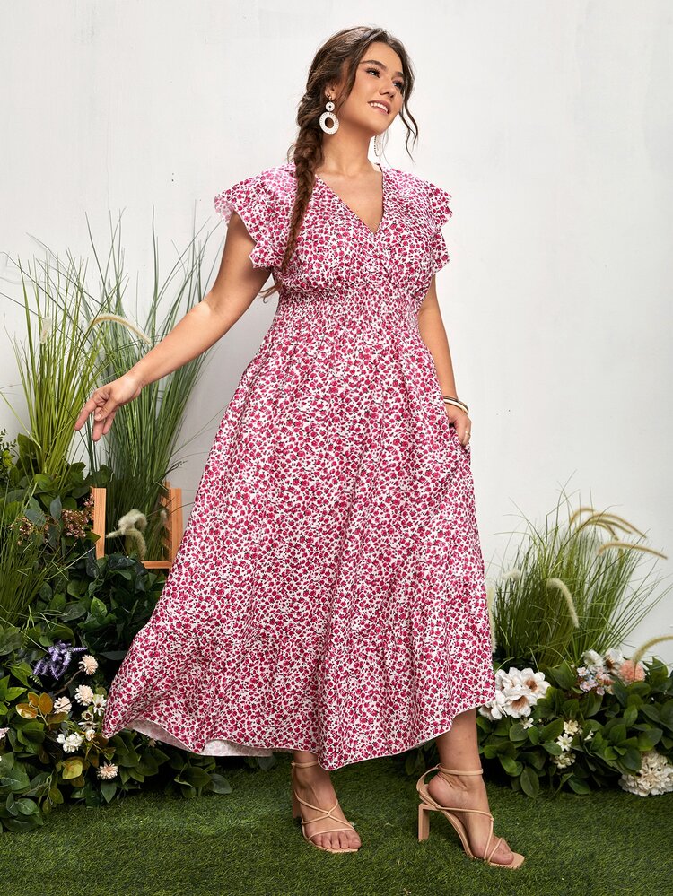 SHEIN LUNE 大碼小碎花打褶交叉領蝴蝶袖荷葉邊洋裝 - 粉色 - 查看 3