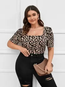 SHEIN Plus Leopard Print Square Neck Tee - Multicolor - View 1