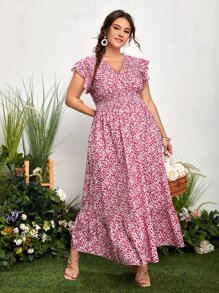 SHEIN LUNE Đầm Plus Size Xù Dải chun Họa tiết hoa Boho - Hồng - Xem 6