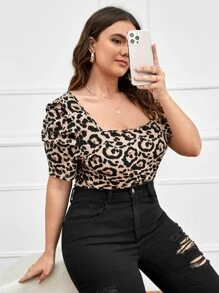 SHEIN Plus Leopard Print Square Neck Tee - Multicolor - View 3