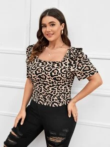 SHEIN Plus Leopard Print Square Neck Tee - Multicolor - View 5