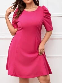 SHEIN Plus Solid Puff Sleeve Dress - Hot Pink - View 1
