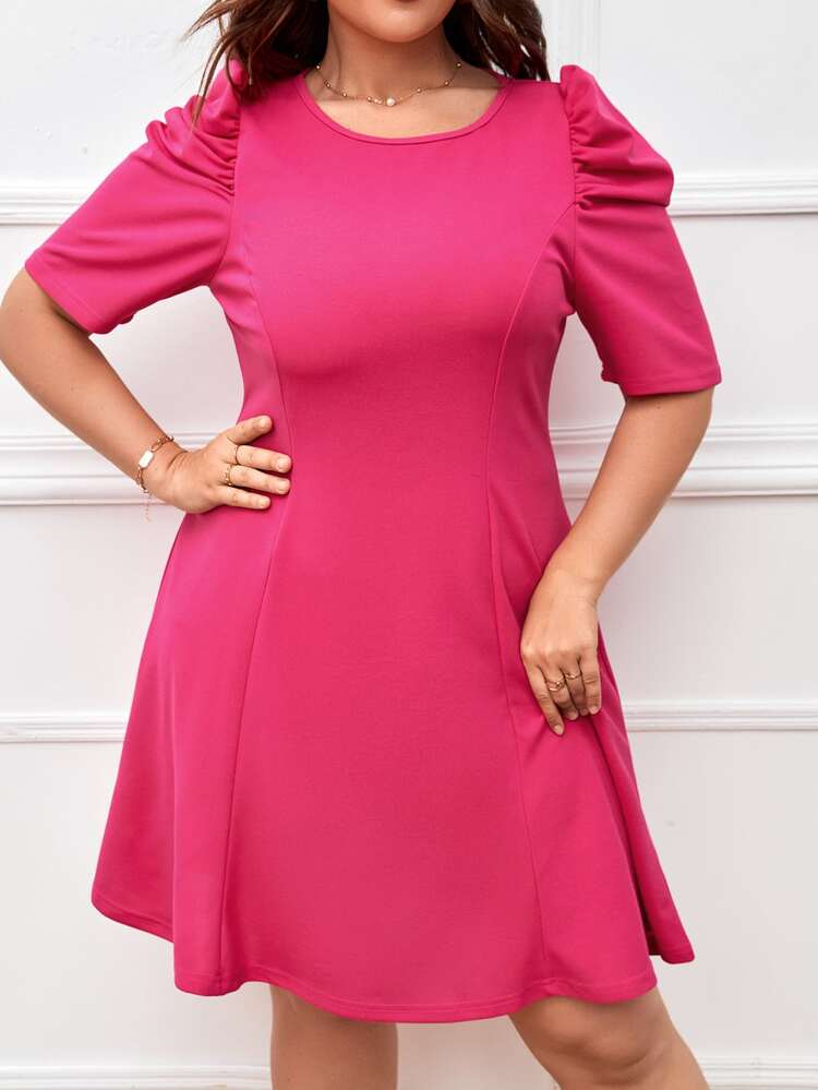 SHEIN 大碼素色泡泡袖洋裝 - 玫紅色 - 查看 3