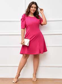SHEIN Plus Solid Puff Sleeve Dress - Hot Pink - View 4
