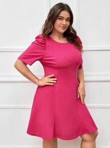 SHEIN Plus Solid Puff Sleeve Dress - Hot Pink - View 5