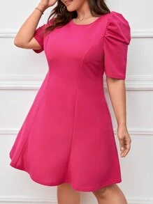 SHEIN Plus Solid Puff Sleeve Dress - Hot Pink - View 6