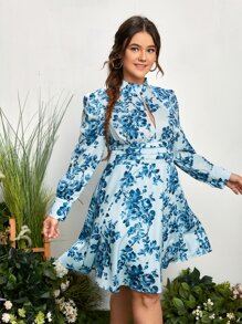SHEIN VCAY Plus Floral Print Mock Neck Puff Sleeve Dress