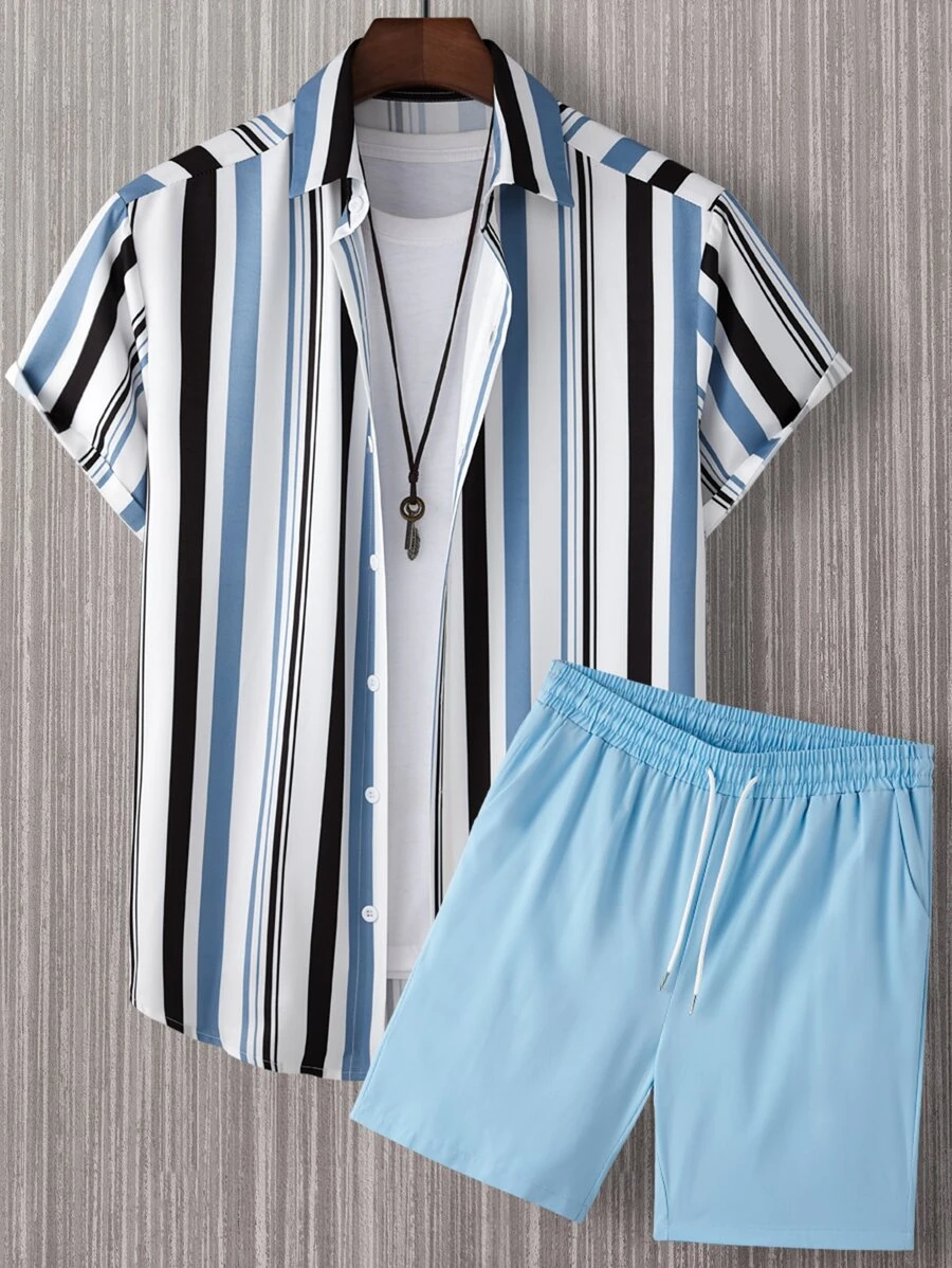 Manfinity Homme 男士隨機彩色條紋襯衫和腰部抽繩短褲不帶T恤 - 彩色 - 查看 1