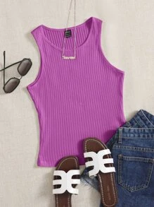 SHEIN EZwear Solid Rib Knit Tank Top - Purple - View 6