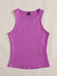SHEIN EZwear Solid Rib Knit Tank Top - Purple - View 5