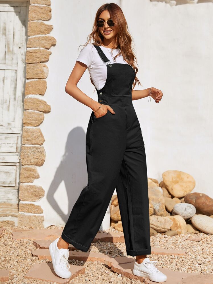 SHEIN Frenchy Slant Pocket Overall Jumpsuit Without Top Winter Black Casual - Black - View 7
