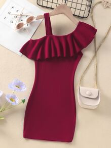 SHEIN Cô Gái Trẻ Cổ không đối xứng Viền Ruffle Đầm - Đỏ - Xem 1