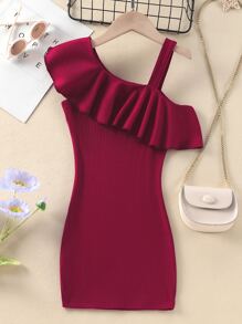 SHEIN Cô Gái Trẻ Cổ không đối xứng Viền Ruffle Đầm - Đỏ - Xem 2