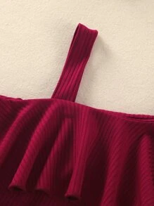 SHEIN Cô Gái Trẻ Cổ không đối xứng Viền Ruffle Đầm - Đỏ - Xem 6