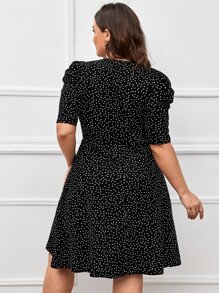 SHEIN Plus Polka Dot Puff Sleeve Dress, Summer - Black - View 2
