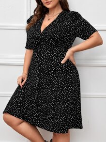 SHEIN Plus Polka Dot Puff Sleeve Dress, Summer - Black - View 5