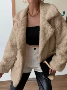 SHEIN Unity Drop Shoulder Pocket Patched Fleece Coat - Khaki - View 1