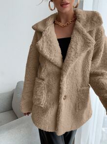 SHEIN Unity Drop Shoulder Pocket Patched Fleece Coat - Khaki - View 3