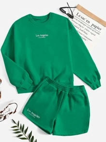 SHEIN EZwear Letter Graphic Drop Shoulder Pullover & Shorts - Green - View 1