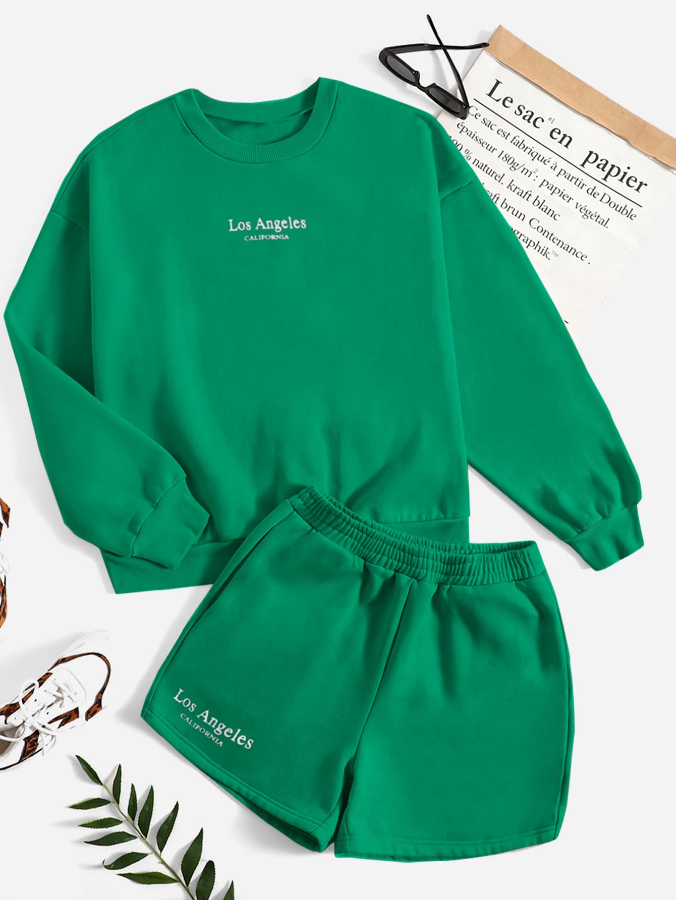 SHEIN EZwear Letter Graphic Drop Shoulder Pullover & Shorts - Green - View 1