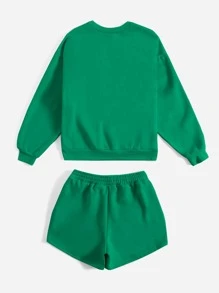 SHEIN EZwear Letter Graphic Drop Shoulder Pullover & Shorts - Green - View 2