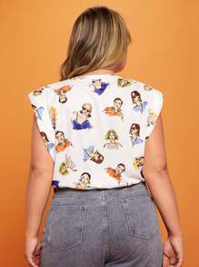 SHEIN Essnce Plus Figure Graphic Shoulder Pad Top - Multicolor - View 2
