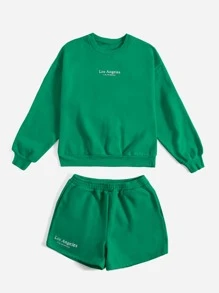 SHEIN EZwear Letter Graphic Drop Shoulder Pullover & Shorts - Green - View 3