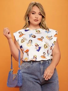 SHEIN Essnce Plus Figure Graphic Shoulder Pad Top - Multicolor - View 4