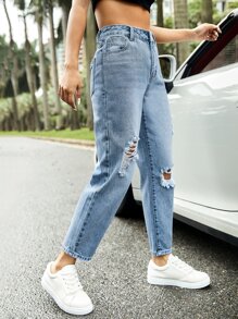 Ripped Mom Fit Jeans - Light Wash - View 4