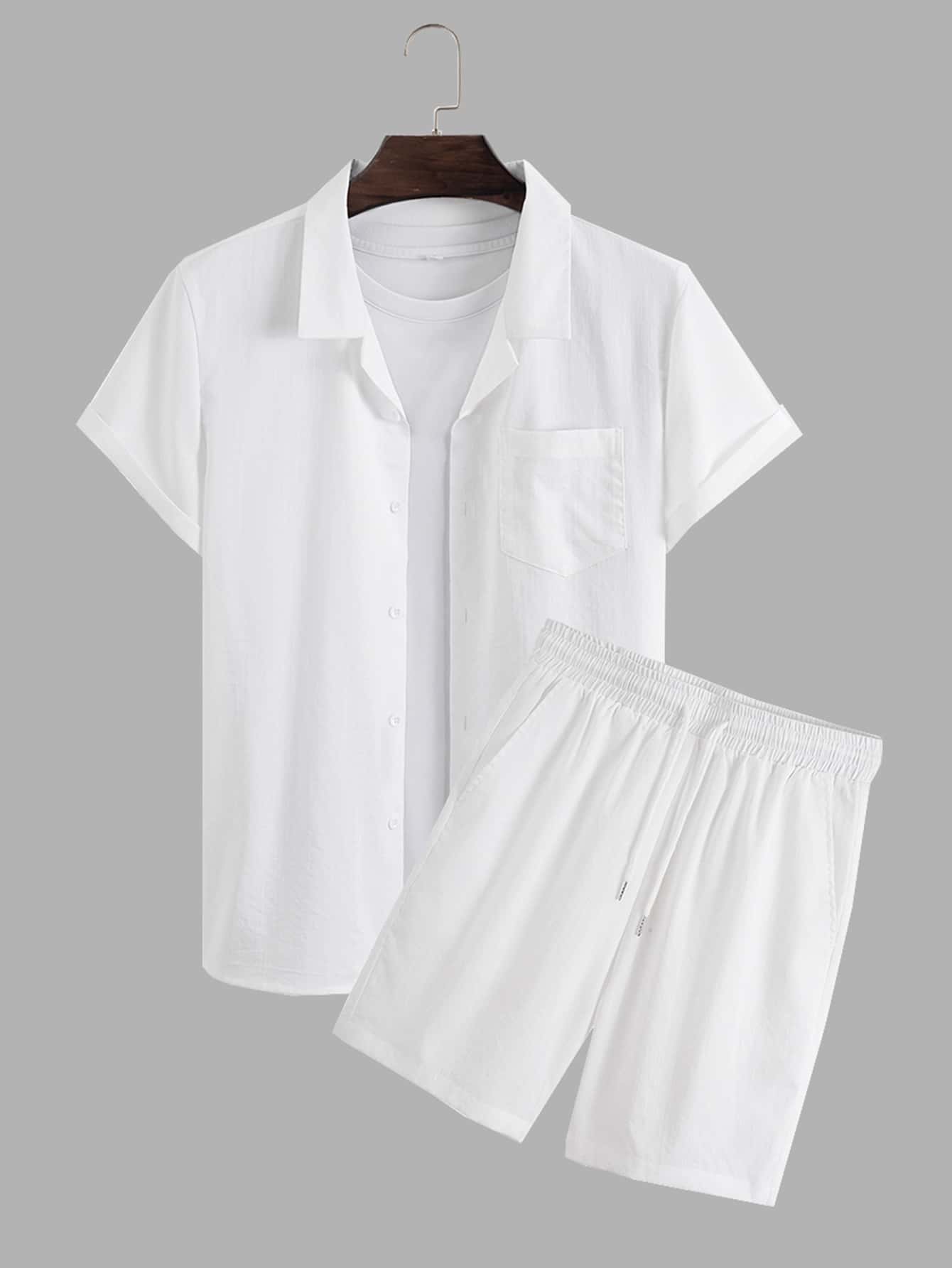 Manfinity Homme Men Pocket Patched Shirt & Drawstring Waist Shorts Without Tee - White - View 1