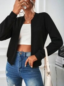 SHEIN LUNE Slant Pockets Zip Up Bomber Jacket - Black - View 3