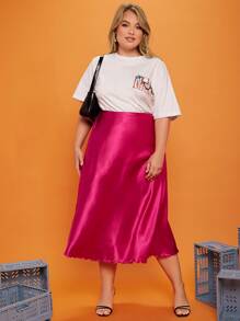 SHEIN Privé Plus Solid Lettuce Trim High Waist Skirt - Hot Pink - View 3