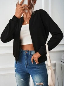 SHEIN LUNE Slant Pockets Zip Up Bomber Jacket - Black - View 7