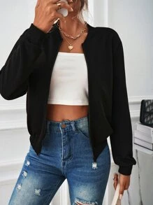 SHEIN LUNE Slant Pockets Zip Up Bomber Jacket - Black - View 4