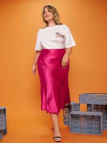 SHEIN Privé Plus Solid Lettuce Trim High Waist Skirt - Hot Pink - View 5