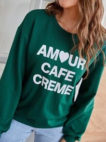 SHEIN Letter Graphic Drop Shoulder Sweatshirt - Dark Green - View 2