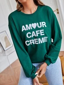 SHEIN Letter Graphic Drop Shoulder Sweatshirt - Dark Green - View 3
